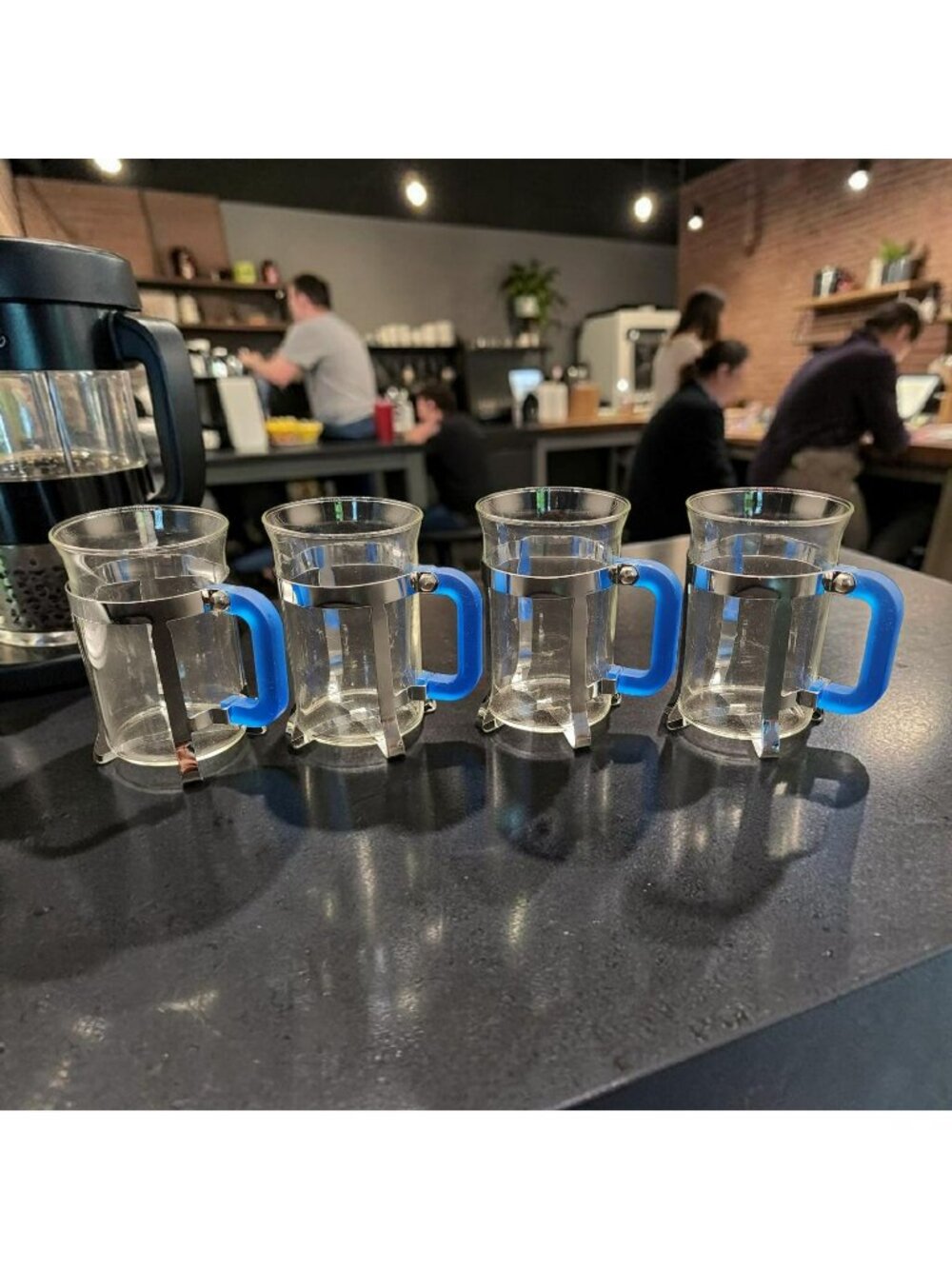 Taiwan Cafe Coffee Cups Metal Cage Blue Acrylic Handles Set Of 4 4" Tall